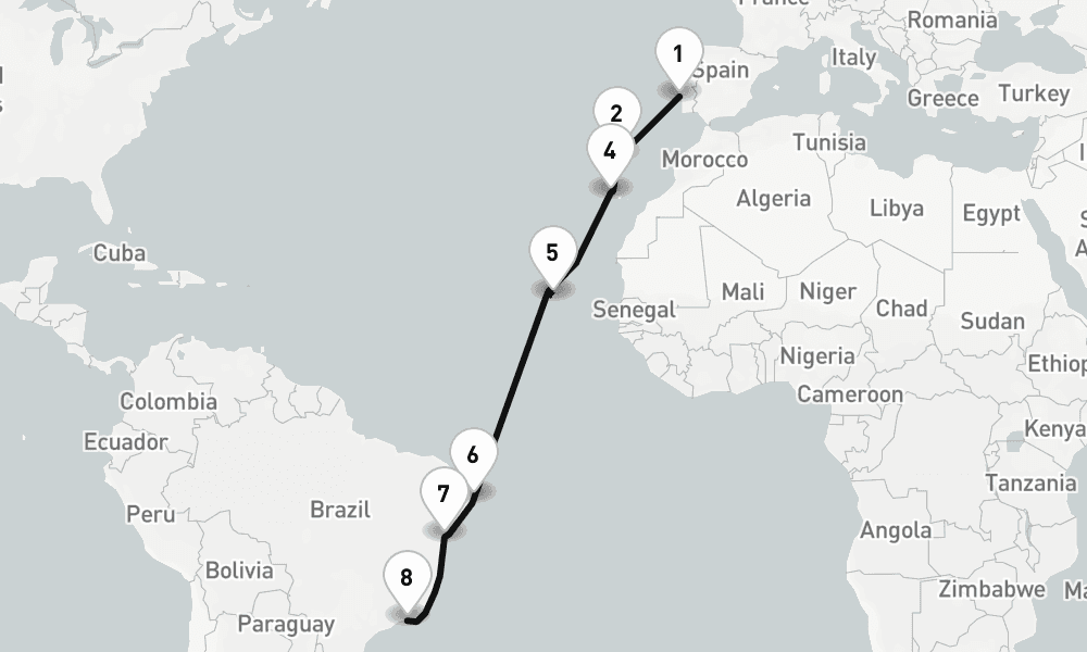 18 nights / 19 days, one-way from Lisbon to Rio de Janeiro