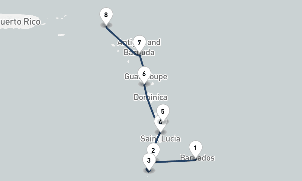 7 nights / 8 days, one-way from Bridgetown (Barbados) to Philipsburg (St Maarten Island, Dutch Antilles)