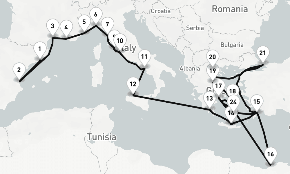 30 nights / 31 days, one-way from Barcelona to Piraeus (Athens, Greece)