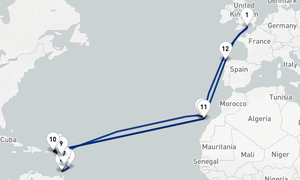 35 nights / 36 days, Southampton (England) Round trip
