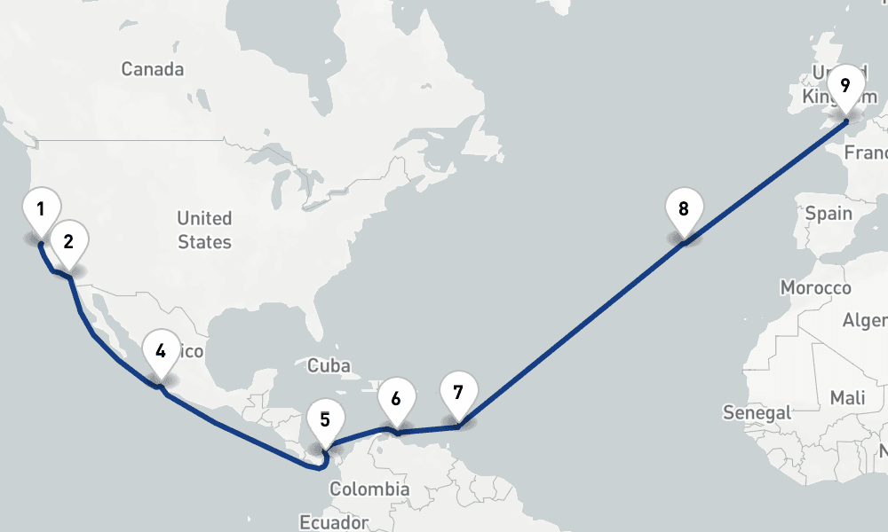 26 nights / 27 days, one-way from San Francisco (California) to Southampton (England)