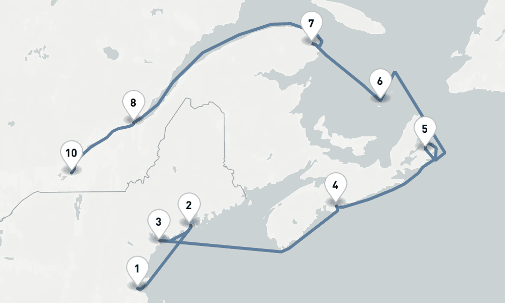 11 nights / 12 days, one-way from Boston (Massachusetts) to Montreal (Quebec, Canada)