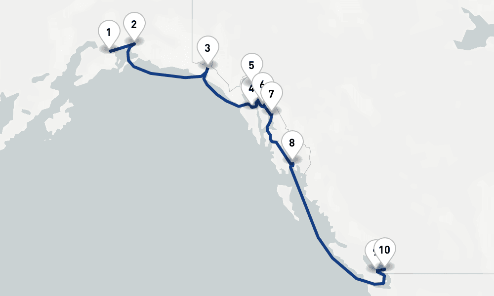11 nights / 12 days, one-way from Whittier (Alaska) to Vancouver (BC Canada)