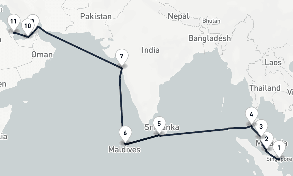 17 nights / 18 days, one-way from Singapore to Doha