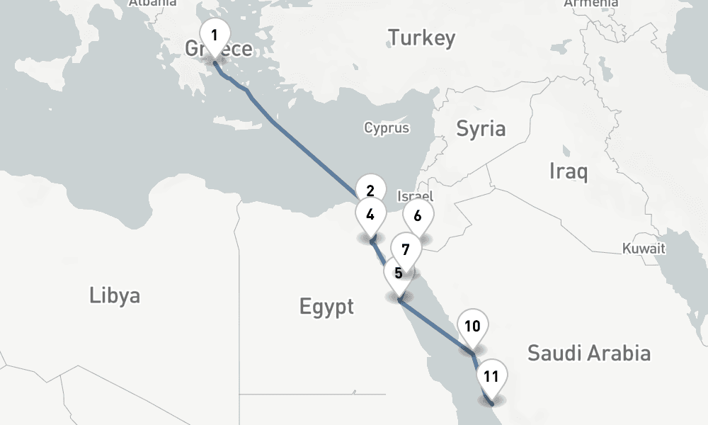 12 nights / 13 days, one-way from Piraeus (Athens, Greece) to Jeddah