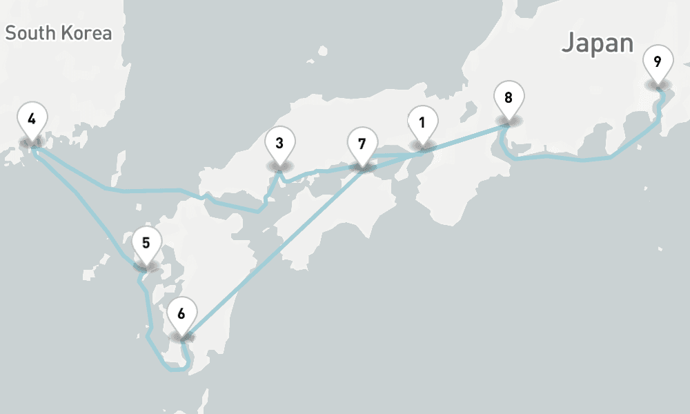 9 nights / 10 days, one-way from Kobe (Osaka-Kyoto, Japan) to Tokyo