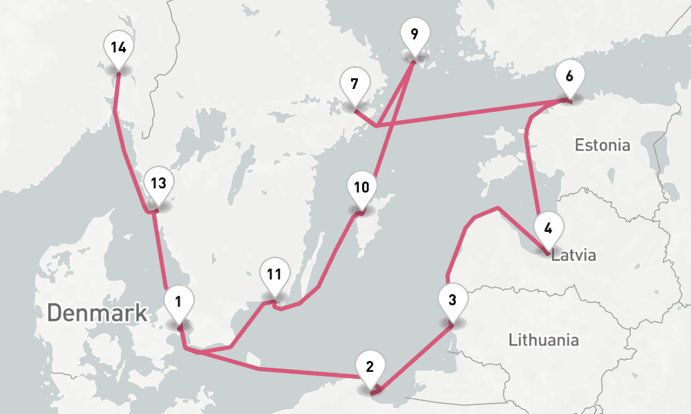 14 nights / 15 days, one-way from Copenhagen to Oslo