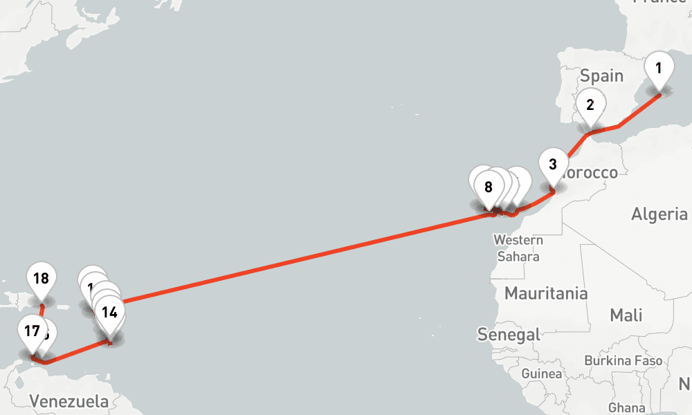 27 nights / 28 days, one-way from Palma de Mallorca (Majorca Island, Spain) to La Romana (Dominican Republic)