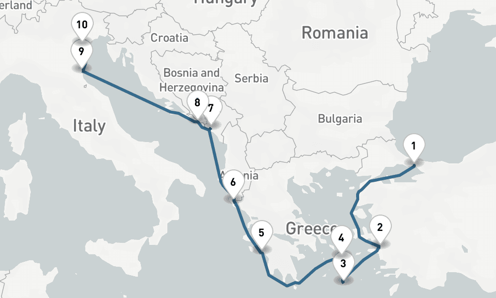 10 nights / 11 days, one-way from Istanbul to Venice