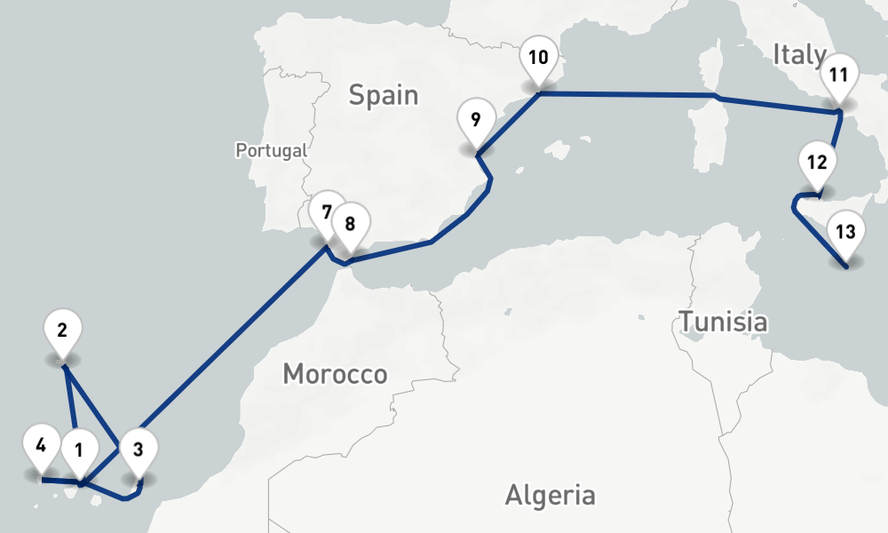 20 nights / 21 days, one-way from Santa Cruz de Tenerife (Canary Islands) to Valletta