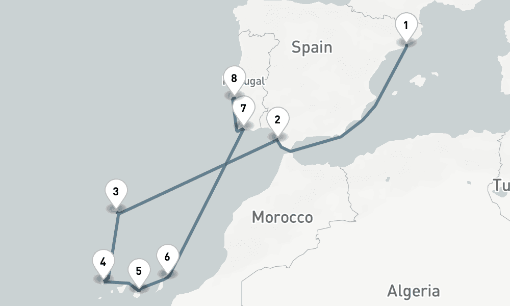 10 nights / 11 days, one-way from Barcelona to Lisbon