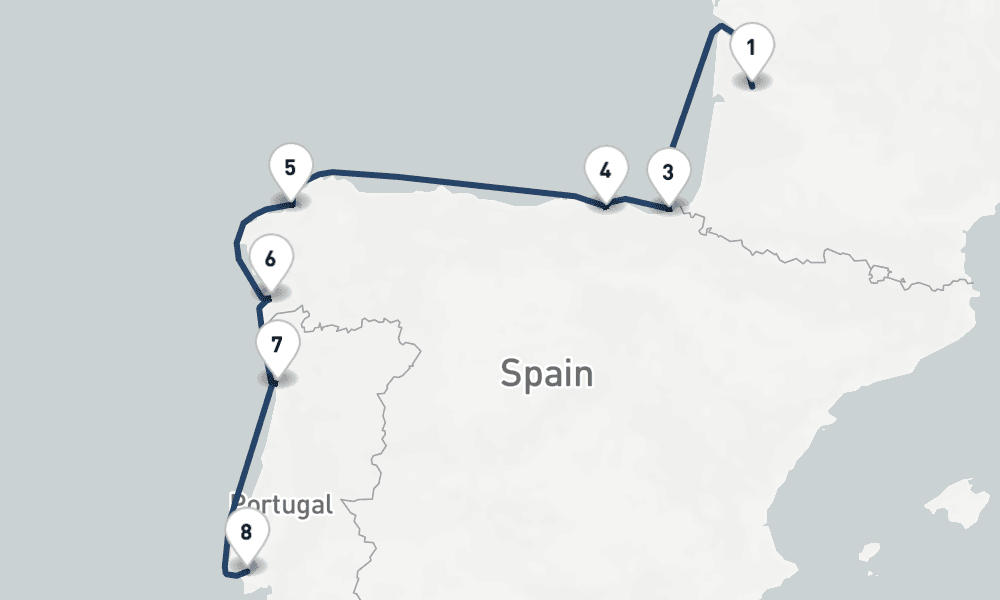 8 nights / 9 days, one-way from Bordeaux to Lisbon
