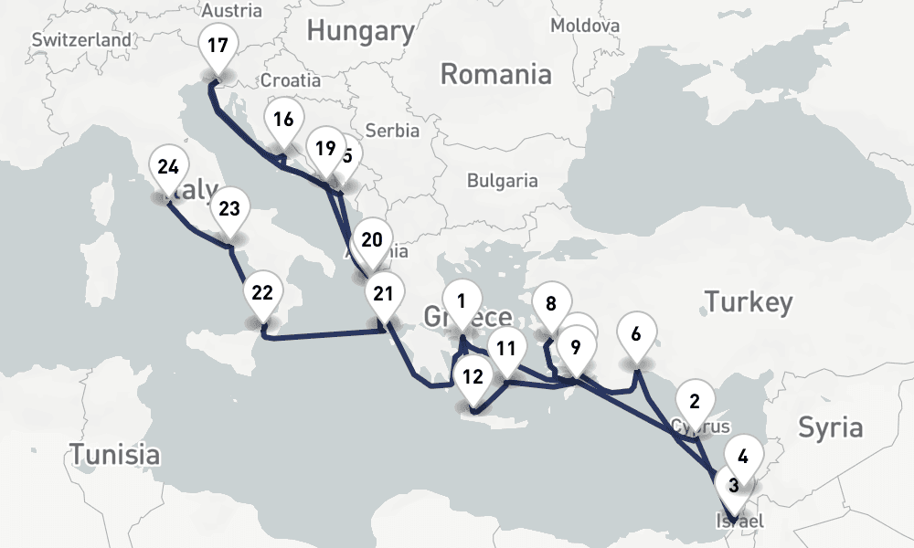 28 nights / 29 days, one-way from Piraeus (Athens, Greece) to Civitavecchia (Rome, Italy)