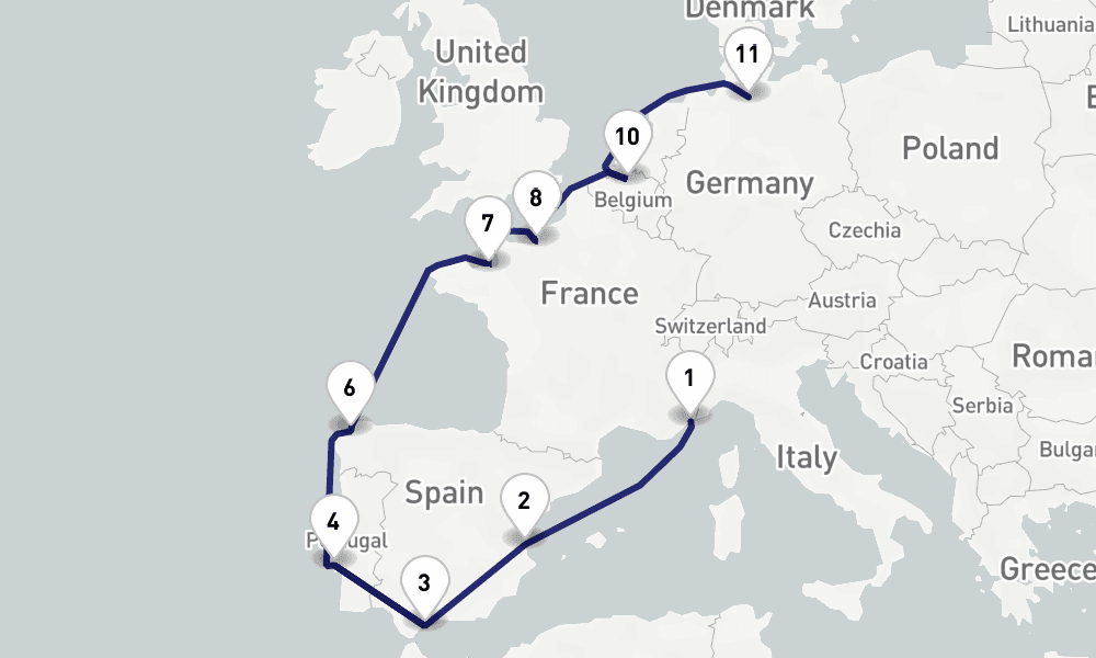 16 nights / 17 days, one-way from Villefranche-sur-Mer (Nice, France Riviera) to Hamburg