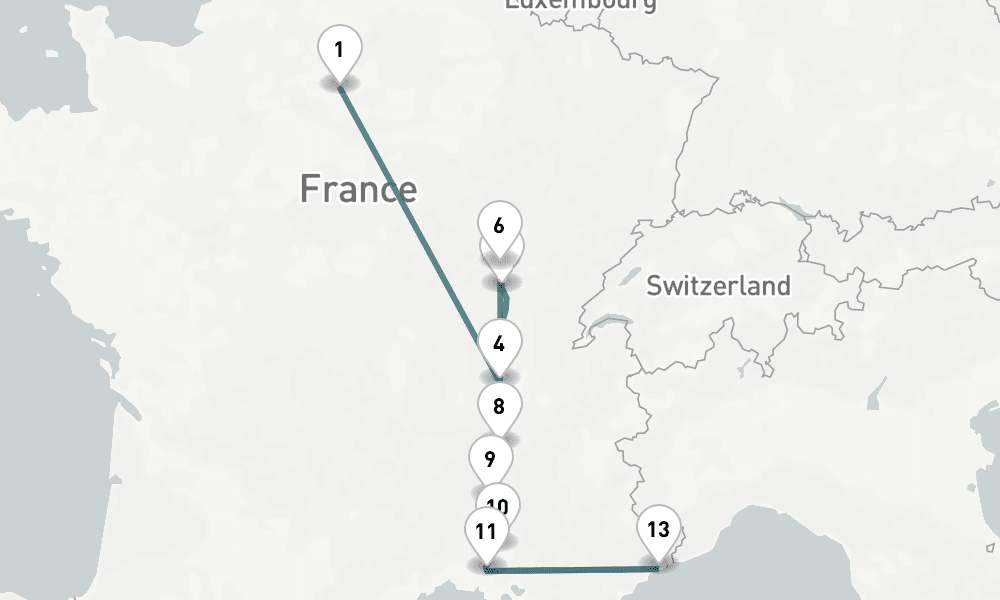 9 nights / 10 days, one-way from Paris to Villefranche-sur-Mer (Nice, France Riviera)