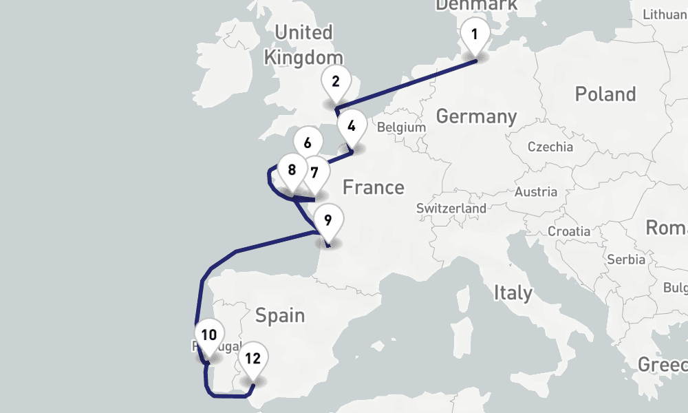 19 nights / 20 days, one-way from Hamburg to Seville