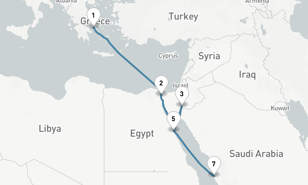11 nights / 12 days, one-way from Piraeus (Athens, Greece) to Jeddah