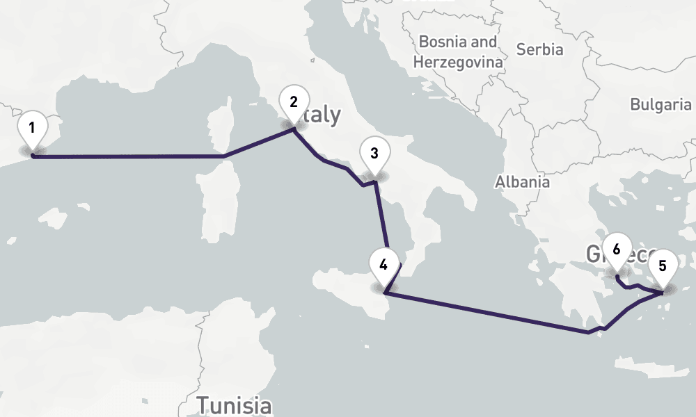 7 nights / 8 days, one-way from Barcelona to Piraeus (Athens, Greece)