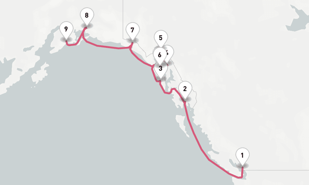 10 nights / 11 days, one-way from Vancouver (BC Canada) to Seward (Alaska)