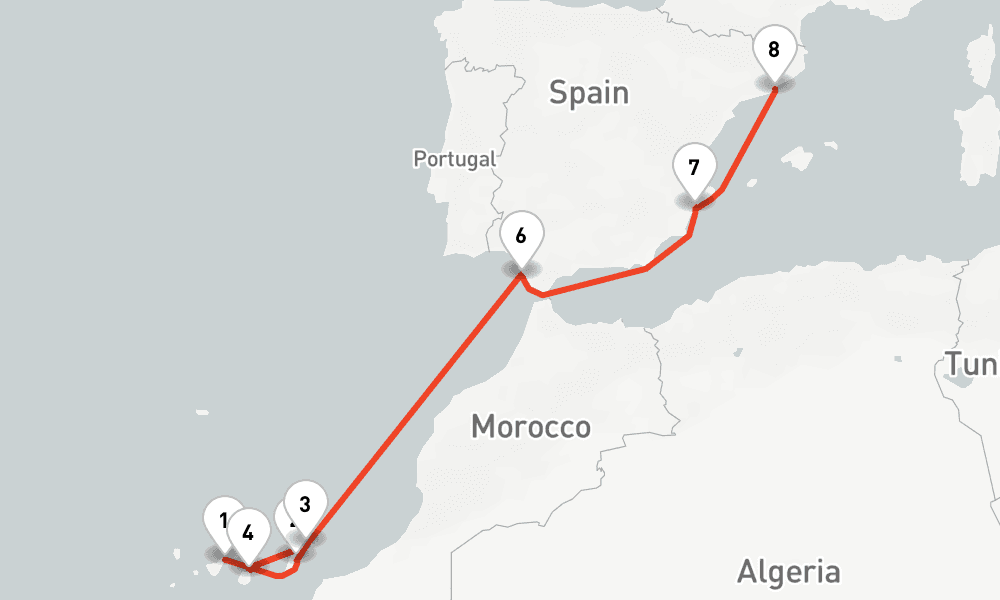 9 nights / 10 days, one-way from Santa Cruz de Tenerife (Canary Islands) to Barcelona