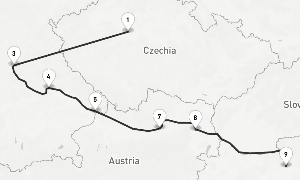9 nights / 10 days, one-way from Prague (Czech Republic) to Budapest