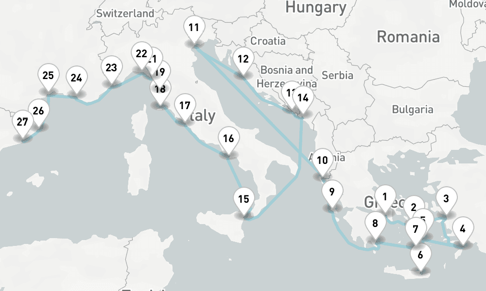28 nights / 29 days, one-way from Piraeus (Athens, Greece) to Barcelona