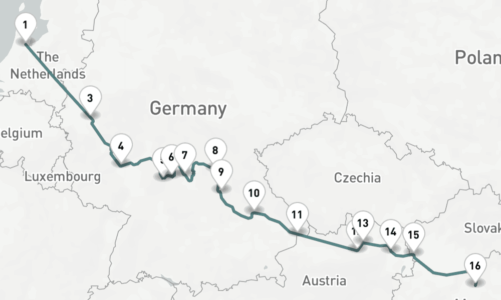 14 nights / 15 days, one-way from Amsterdam (Holland) to Budapest