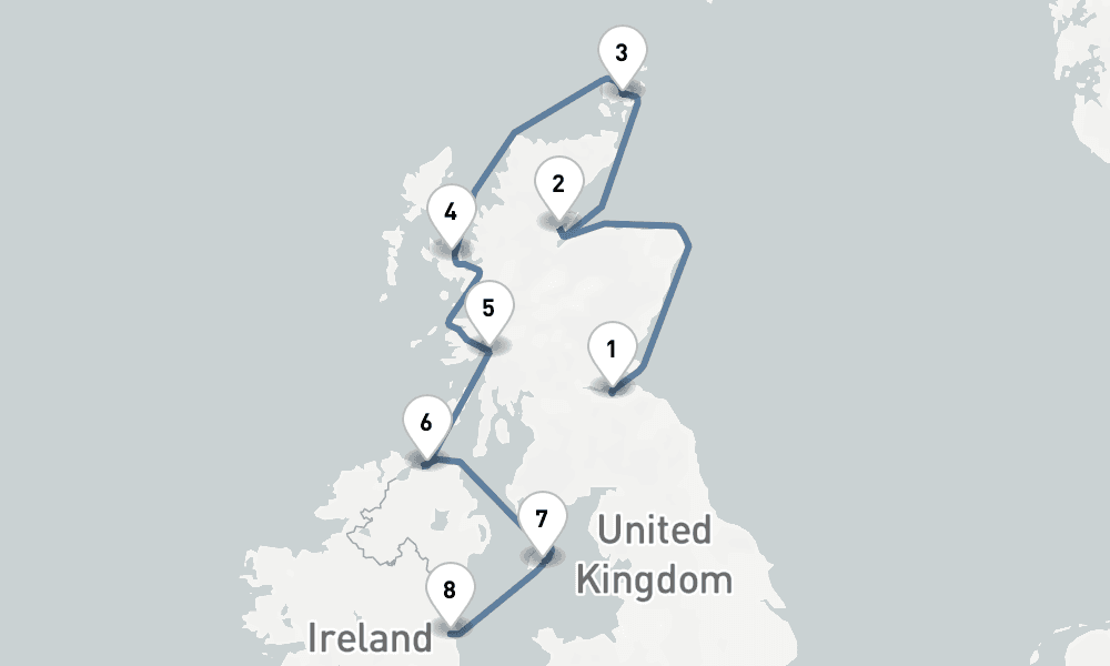 8 nights / 9 days, one-way from Edinburgh (Leith, Scotland) to Dublin
