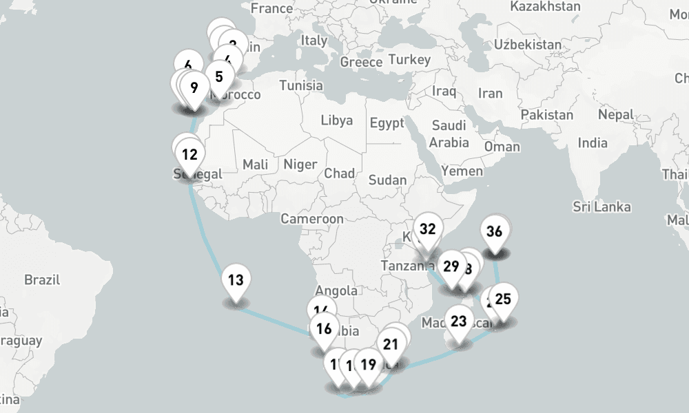 59 nights / 60 days, one-way from Lisbon to Port Louis (Mauritius Island)