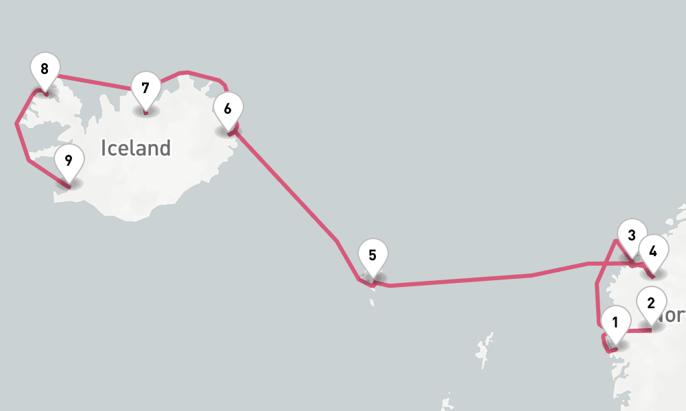 12 nights / 13 days, one-way from Bergen to Reykjavik