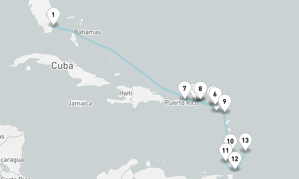 15 nights / 16 days, one-way from Miami (Florida) to Bridgetown (Barbados)