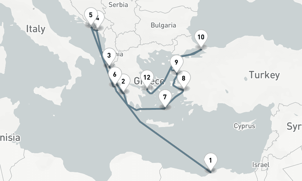 14 nights / 15 days, one-way from Alexandria to Piraeus (Athens, Greece)