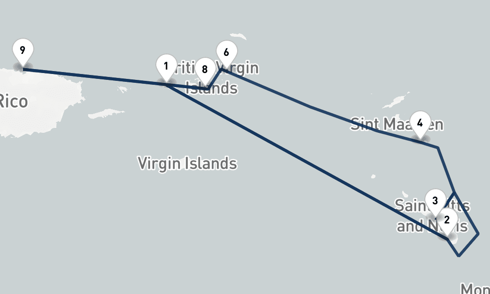 7 nights / 8 days, one-way from Saint Thomas Island (Charlotte Amalie, USVI) to San Juan (Puerto Rico)