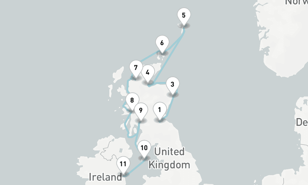 10 nights / 11 days, one-way from Edinburgh (Leith, Scotland) to Dublin