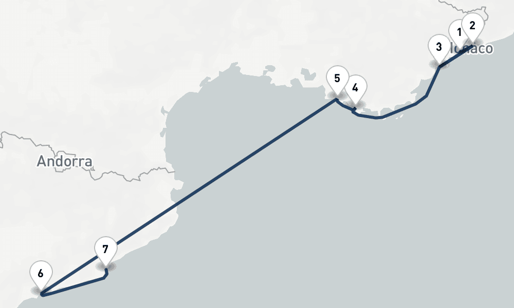 7 nights / 8 days, one-way from Villefranche-sur-Mer (Nice, France Riviera) to Barcelona