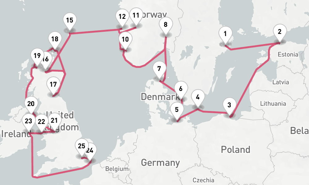 28 nights / 29 days, one-way from Stockholm to Tilbury (London, England)