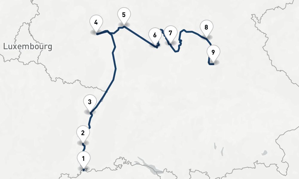 8 nights / 9 days, one-way from Basel to Nuremberg