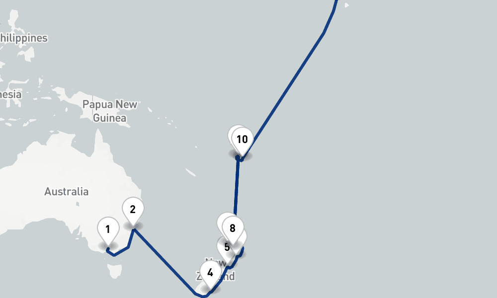 54 nights / 55 days, one-way from Melbourne (Victoria, Australia) to Southampton (England)