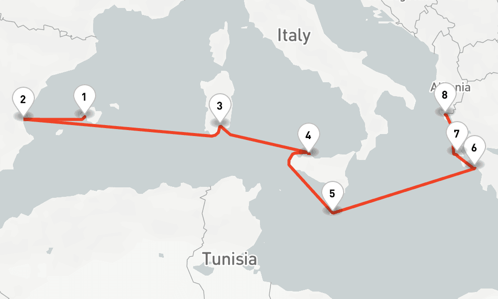 9 nights / 10 days, one-way from Palma de Mallorca (Majorca Island, Spain) to Corfu Island