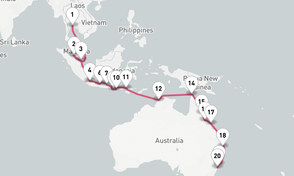 28 nights / 29 days, one-way from Laem Chabang (Bangkok, Thailand) to Sydney (NSW, Australia)
