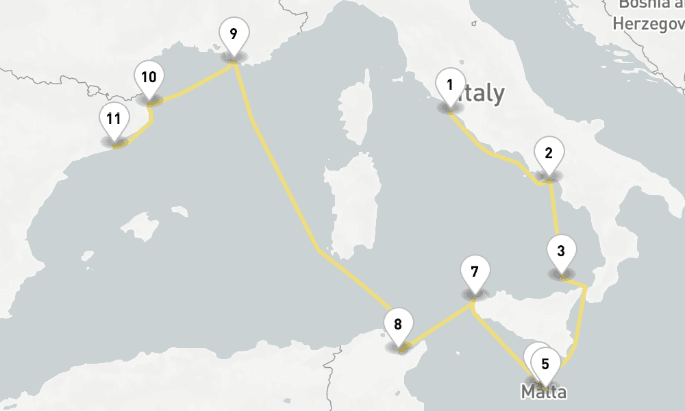 10 nights / 11 days, one-way from Civitavecchia (Rome, Italy) to Barcelona