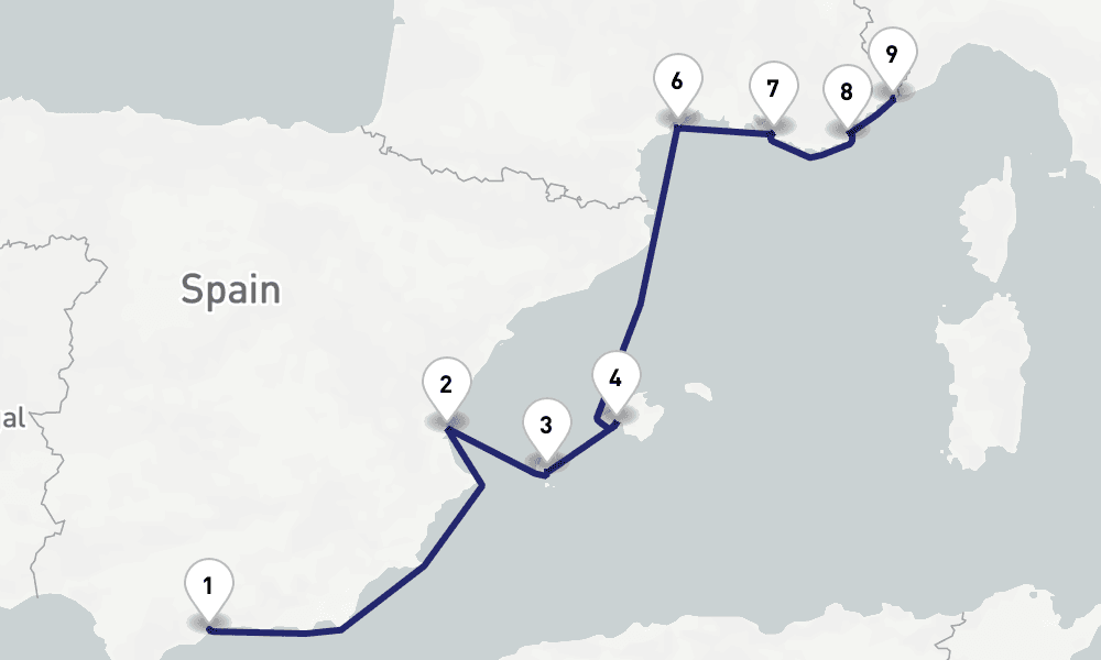 9 nights / 10 days, one-way from Malaga to Monte Carlo (Monaco, France Riviera)