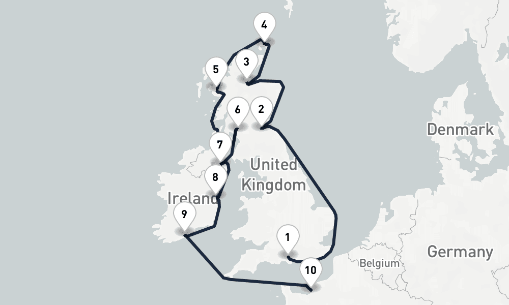 11 nights / 12 days, one-way from Southampton (England) to Le Havre (Paris, France)