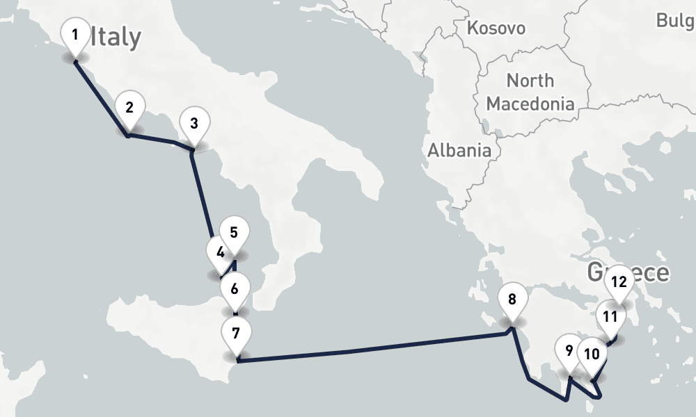 11 nights / 12 days, one-way from Civitavecchia (Rome, Italy) to Piraeus (Athens, Greece)