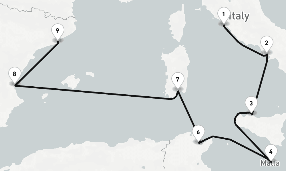 10 nights / 11 days, one-way from Civitavecchia (Rome, Italy) to Barcelona