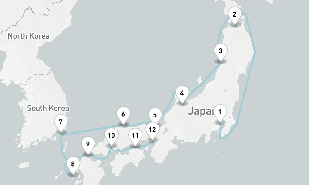 14 nights / 15 days, one-way from Tokyo to Kobe (Osaka-Kyoto, Japan)