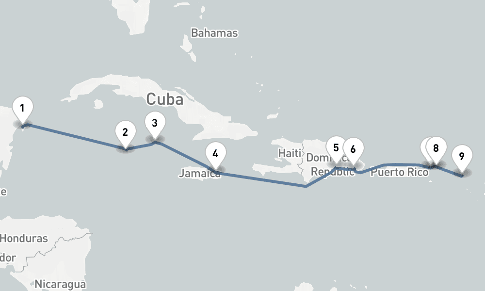 11 nights / 12 days, one-way from Cozumel to Philipsburg (St Maarten Island, Dutch Antilles)