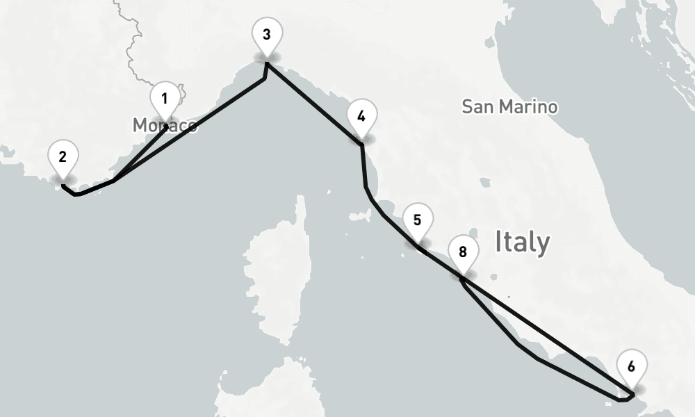 7 nights / 8 days, one-way from Monte Carlo (Monaco, France Riviera) to Civitavecchia (Rome, Italy)