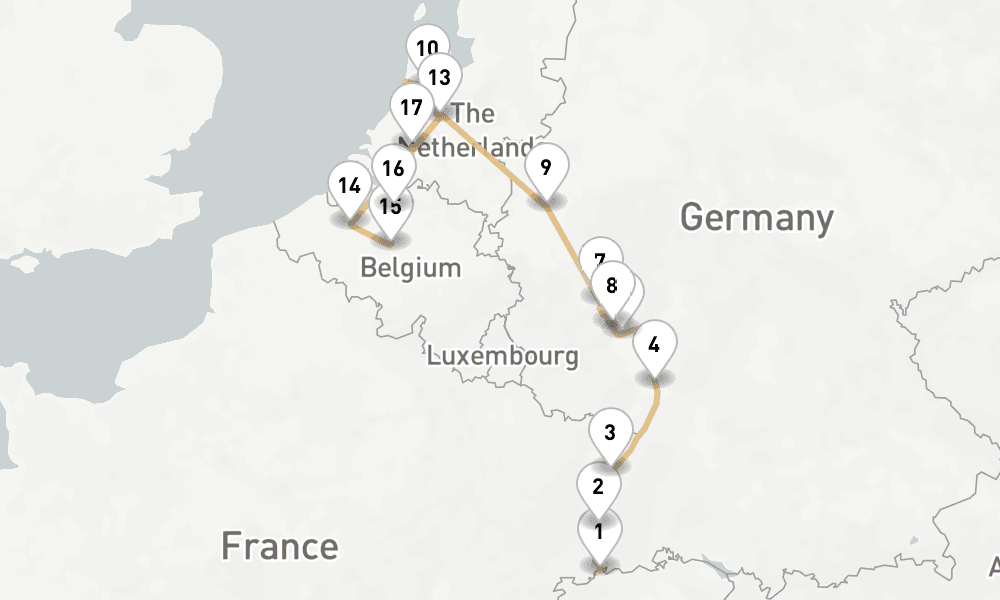13 nights / 14 days, one-way from Basel to Dordrecht (Holland)