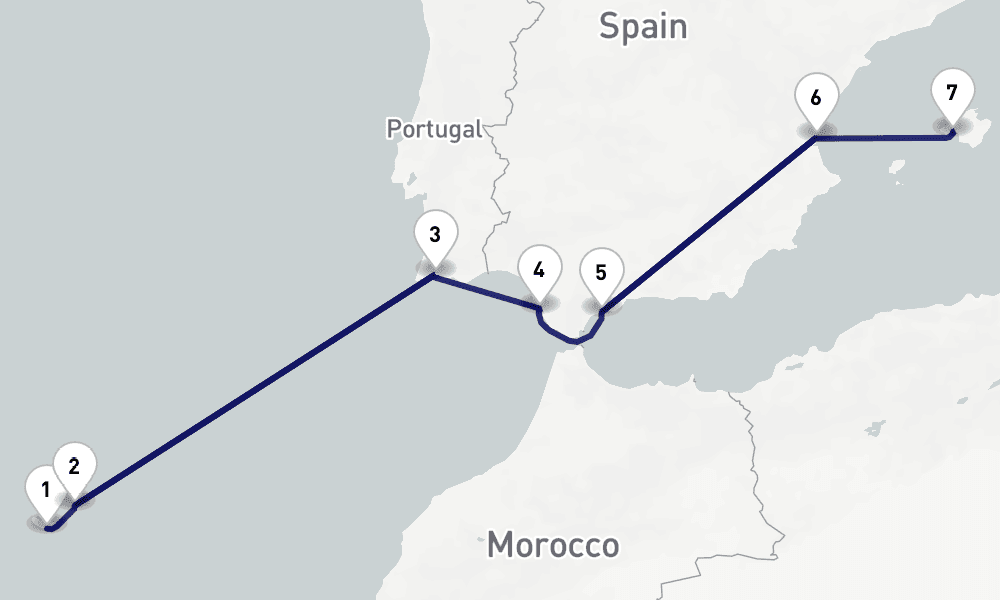 10 nights / 11 days, one-way from Funchal (Madeira Island, Portugal) to Palma de Mallorca (Majorca Island, Spain)